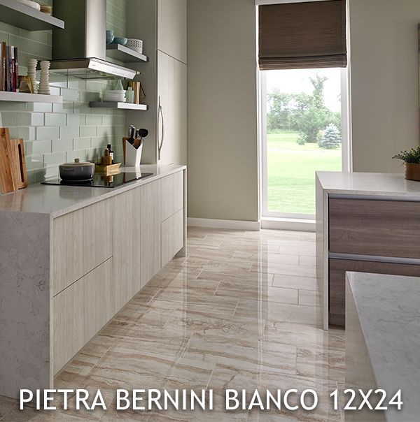 Travertine look Pietra Bernini porcelain tile on kitchen floor