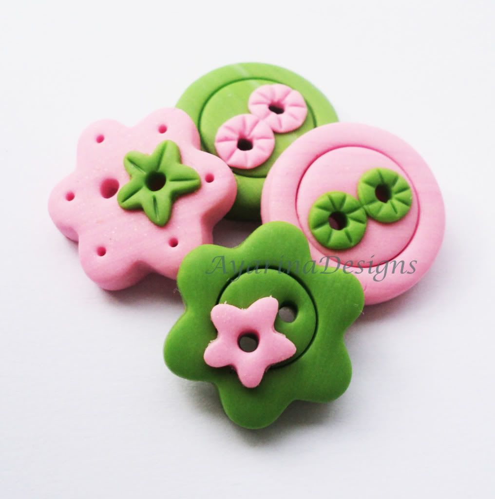 Green-pink - set of 4 polymer clay buttons