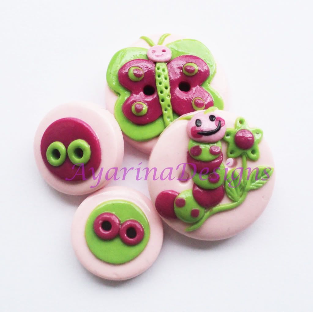 Cute Caterpillar and Butterfly- set of 4 polymer clay buttons