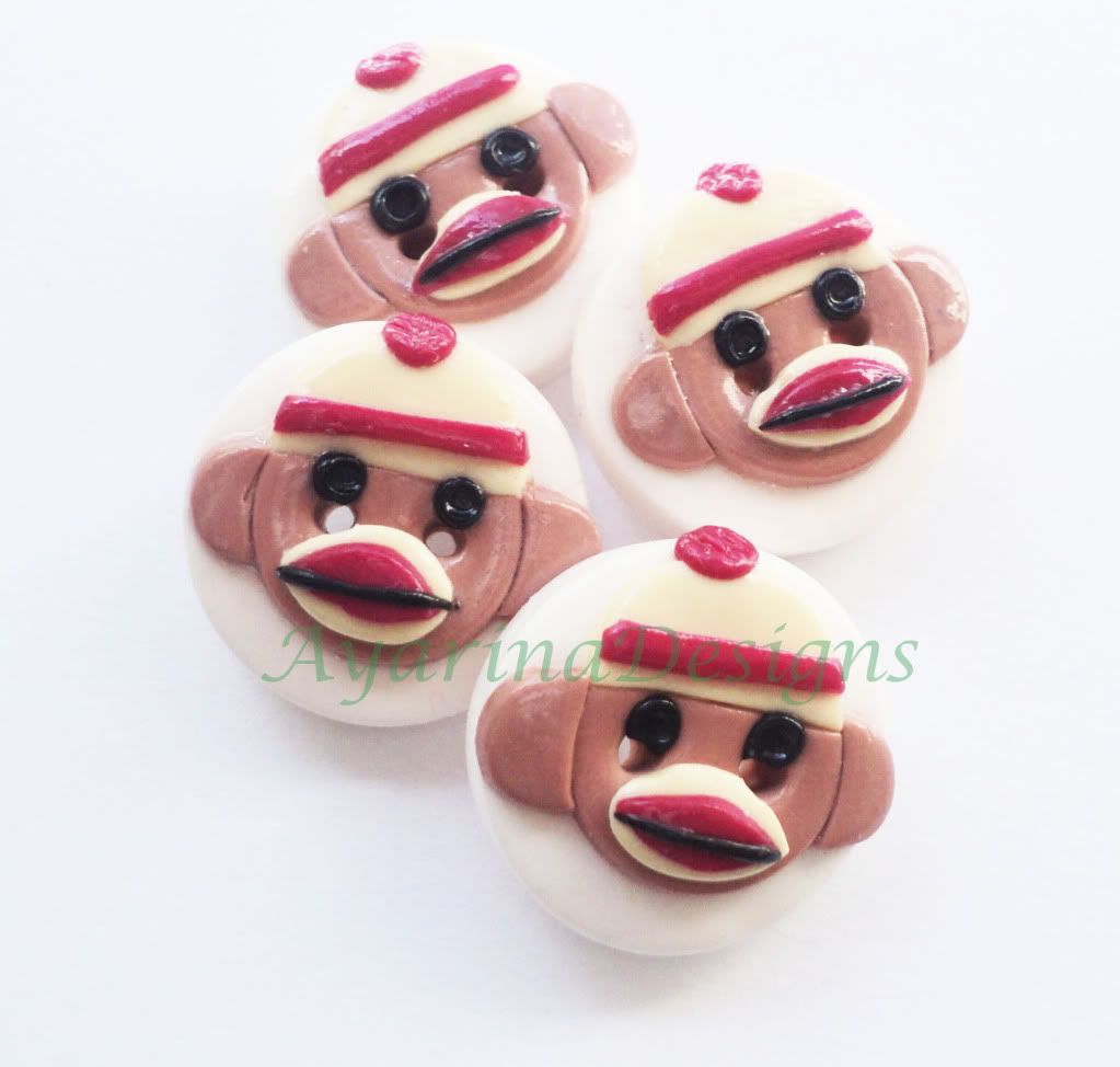 Sock Monkey - set of 4 polymer clay buttons