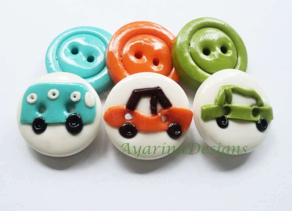 Retro cars - set of 6 polymer clay buttons