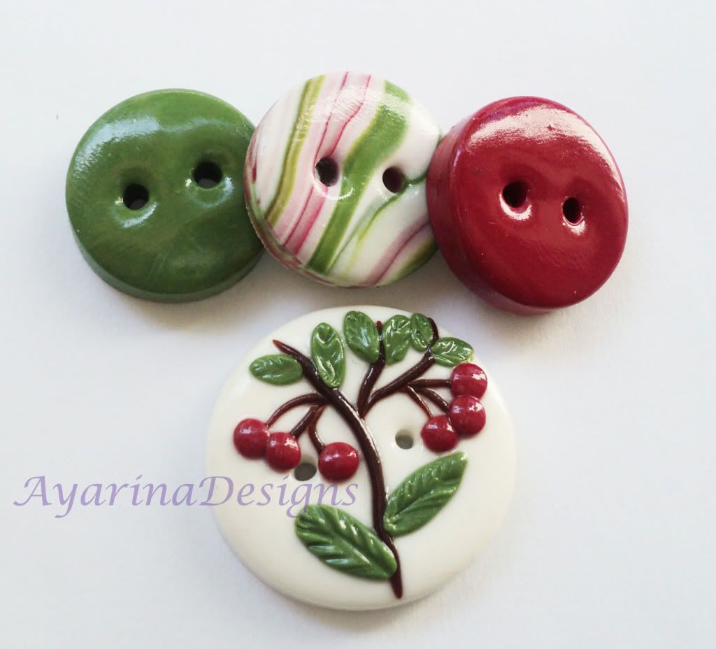 Cherry branch - set of 4 polymer clay buttons