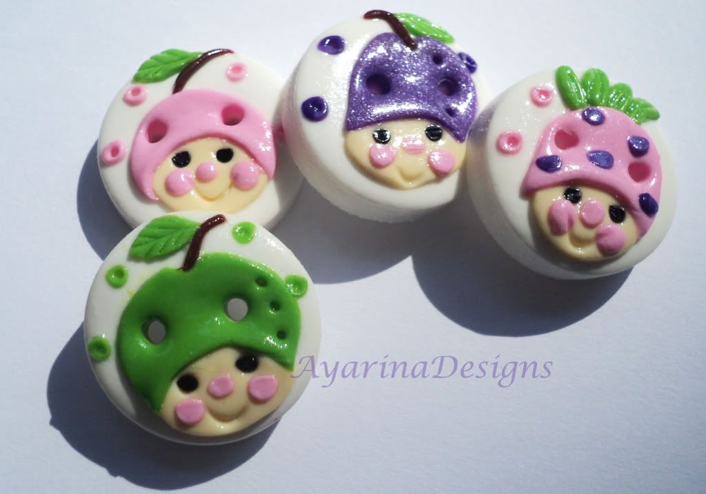 Fruit faces - set of 4 polymer clay buttons