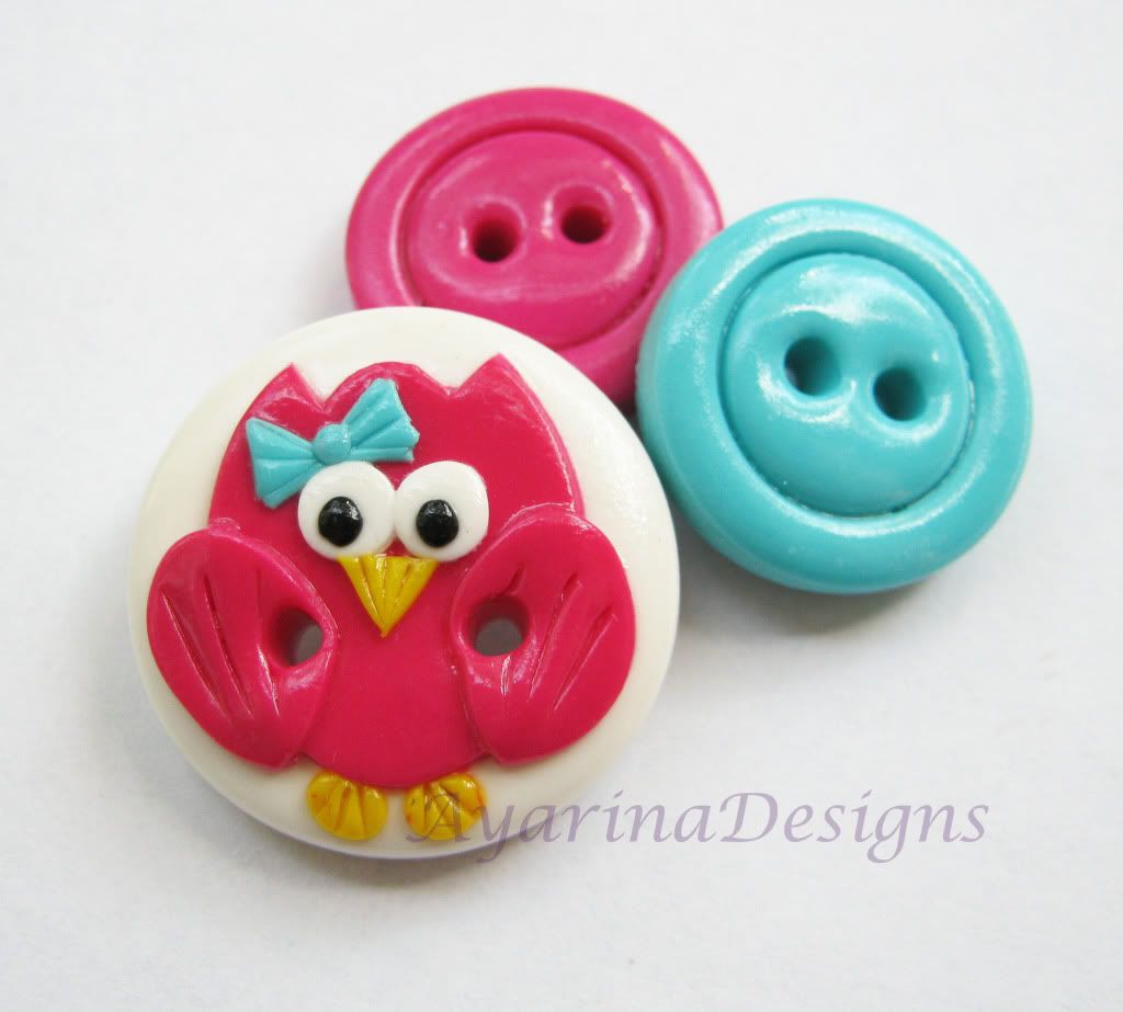Pink owl - set fo 3 polymer clay buttons