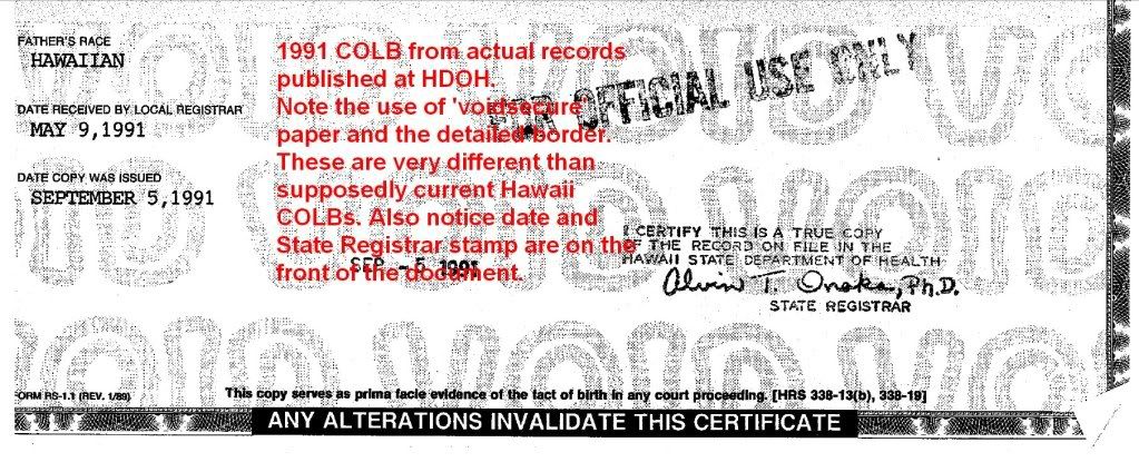 1991 Actual COLB from HDOH files