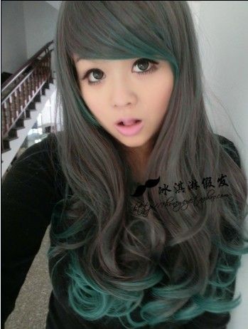 photo Harajuku-style-cosplay-the-lolita-wig-temperament-long-curly-hair-gradient-green-JF0065.jpg