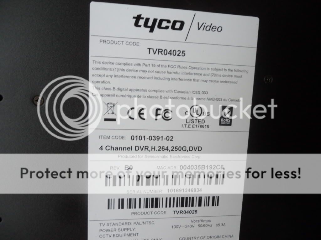 Tyco TVR04025 4 channel DVR 250G, DVD TVR 04025  