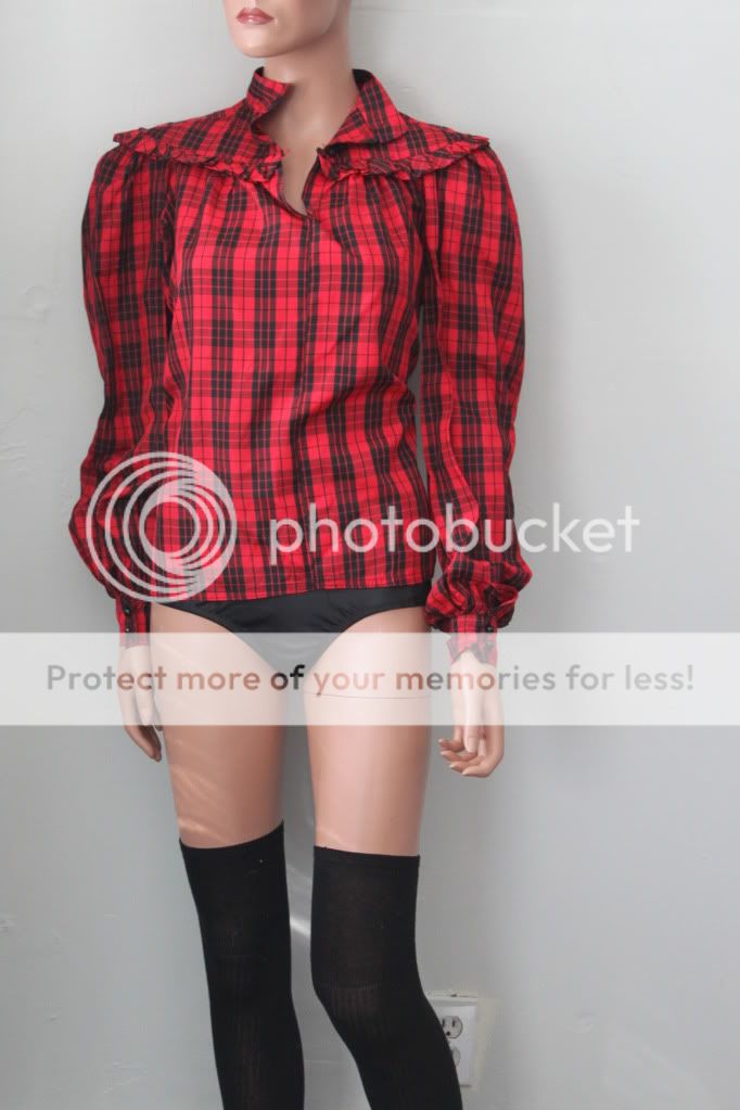 Vintage 70s 80s RUFFLE Plaid RED and BLACK Blouse TOP Pra  