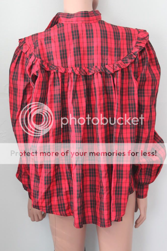 Vintage 70s 80s RUFFLE Plaid RED and BLACK Blouse TOP Pra  