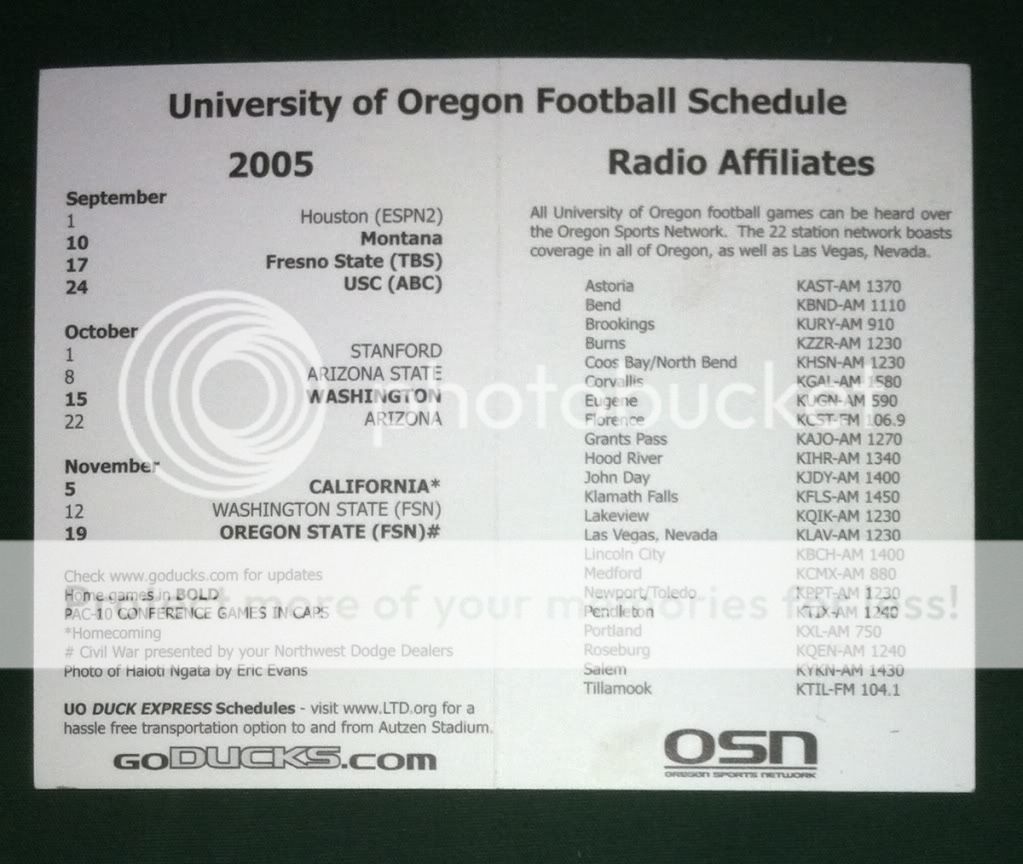 2005 Oregon Ducks NFL Pro Bowler Haloti Ngata Football Schedule 